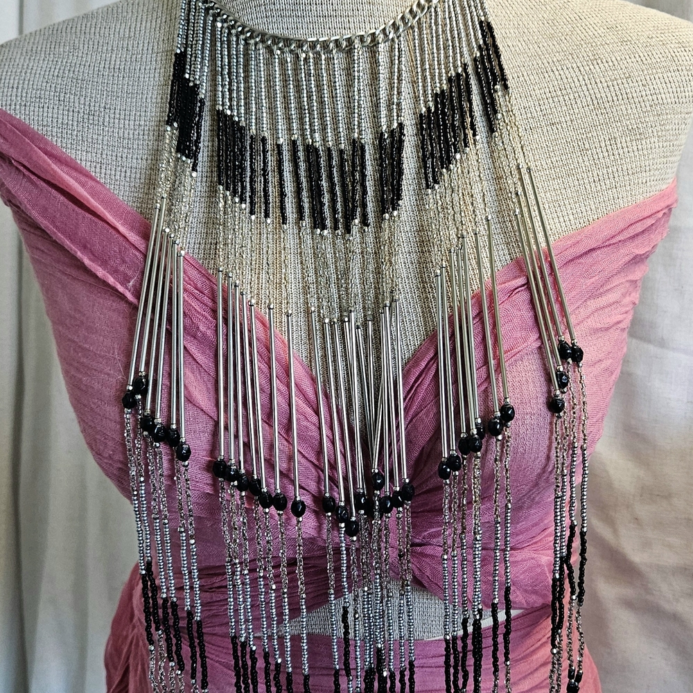 Black and Silver Beaded Fringe Necklace Kind of Gives That Moto Boho Vibe